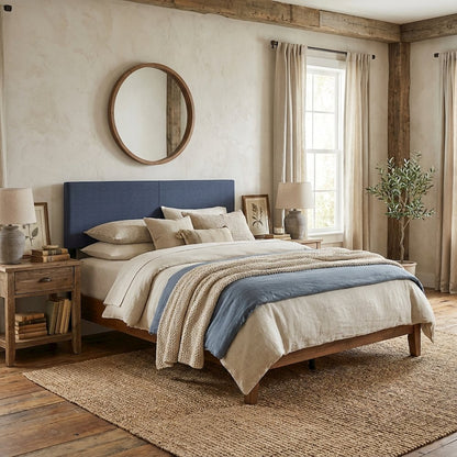 Blue Denim Upholstered King Headboard with Tufted Design for Bedroom