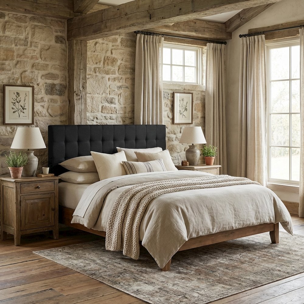 Plain Black Upholstered Tufted Headboard King Size with Durable Fabric Finish
