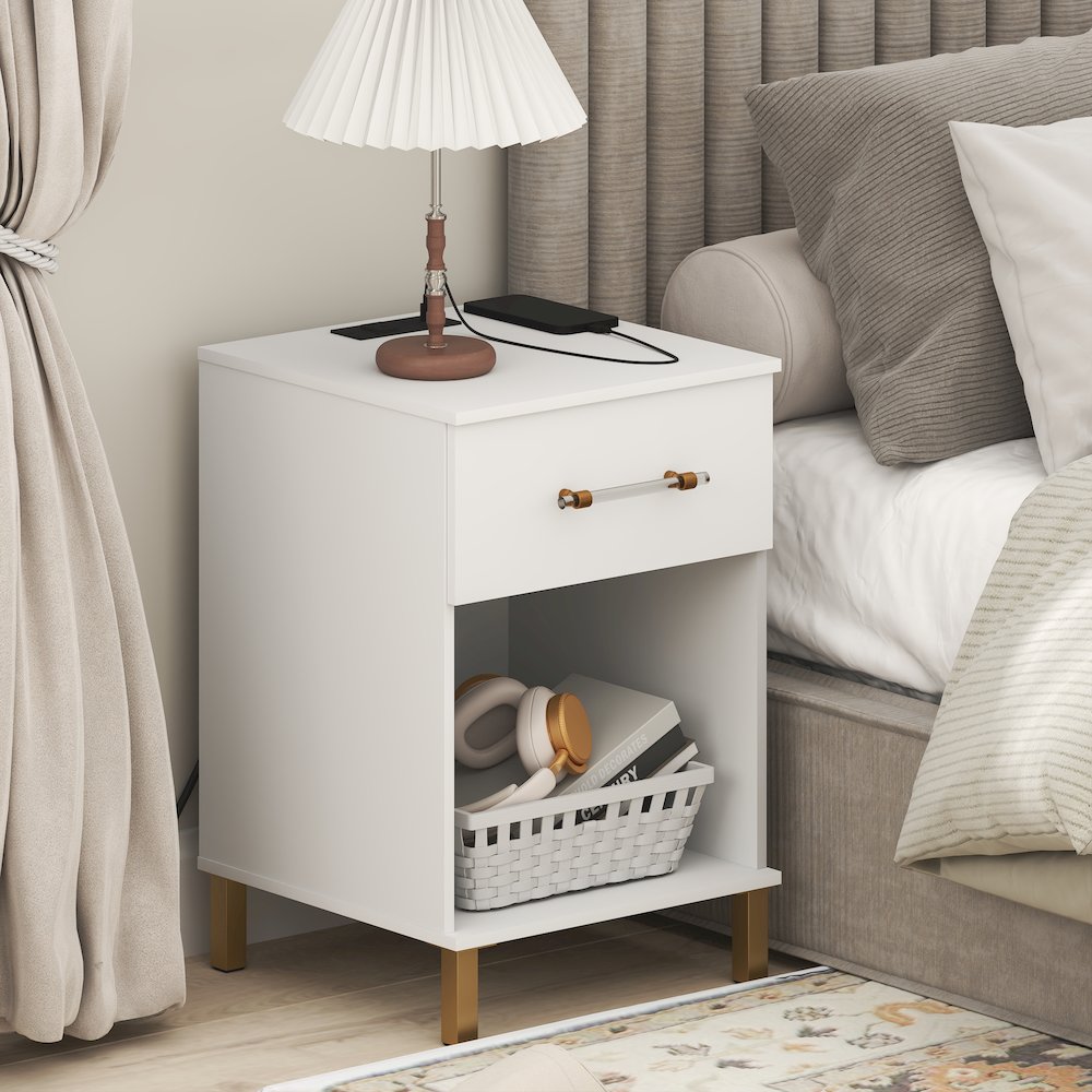 TIDUR Night Stand, Drawer Nightstand with Charging Station, White