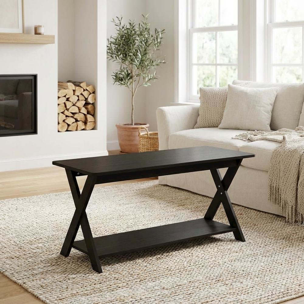 Black Espresso Coffee Table with Storage and X-Shaped Legs, Single Piece