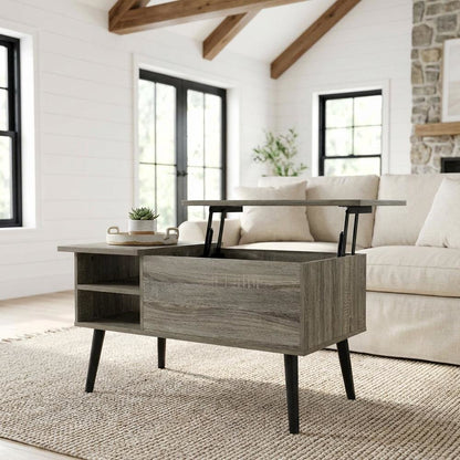 Grey Oak Lift Top Coffee Table with Storage Shelf and Hidden Compartment