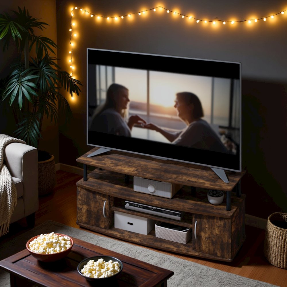 Engineered Wood TV Stand with 3 Open Shelves and Dual Door Storage TV Console