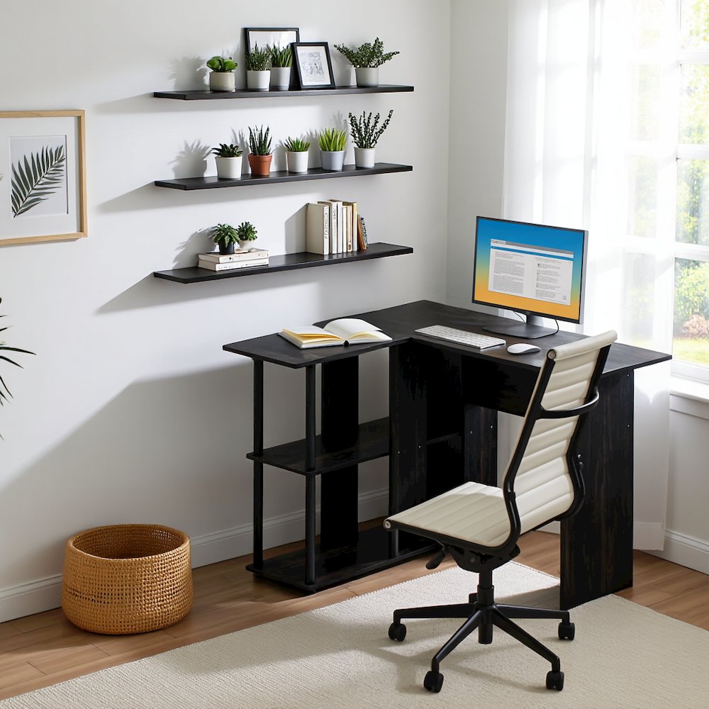 Black L Shaped Desk with Bookshelf and Storage Drawers for Office Use