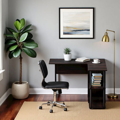 Black L Shaped Desk with Bookshelf and Storage Drawers for Office Use