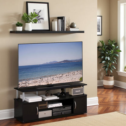 Modern Black 55 Inch TV Console with Shelves and Cabinets for Storage