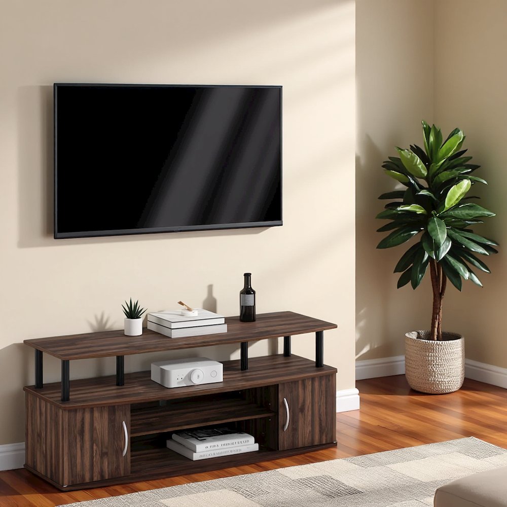 Brown 50 Inch TV Stand with Open Shelves and Dual Storage Cabinet Doors