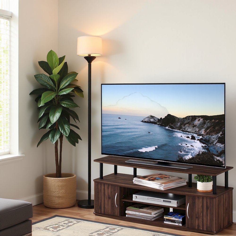 Brown 50 Inch TV Stand with Open Shelves and Dual Storage Cabinet Doors