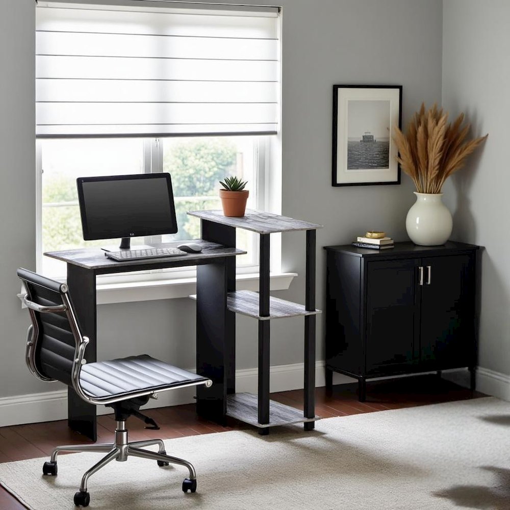 Grey Corner Office Desk with Storage Bookshelf for Writing and Study