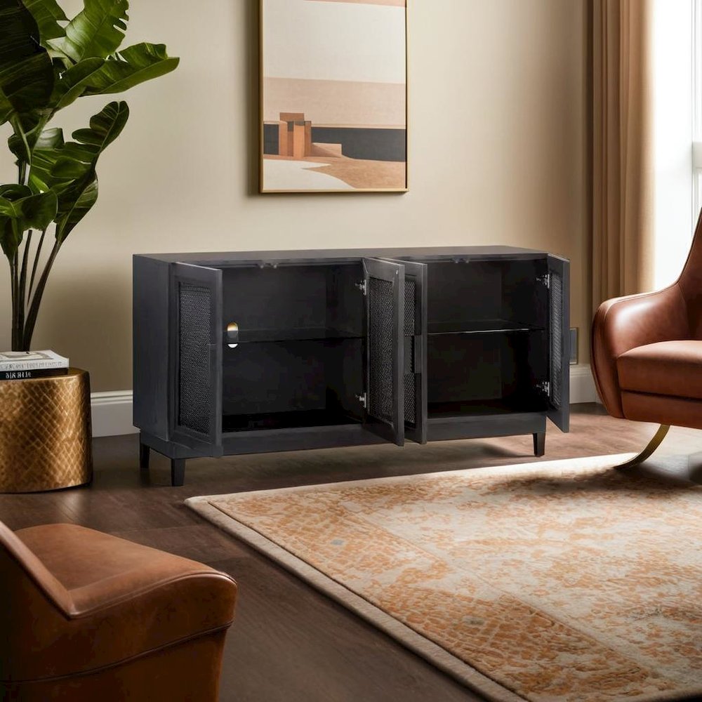 Sleek Black Wood Media Console with Adjustable Shelves for Modern Living