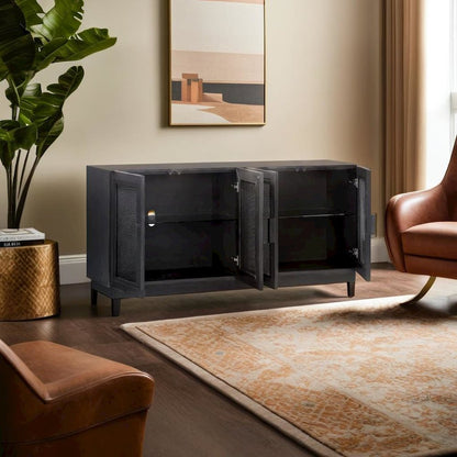 Sleek Black Wood Media Console with Adjustable Shelves for Modern Living