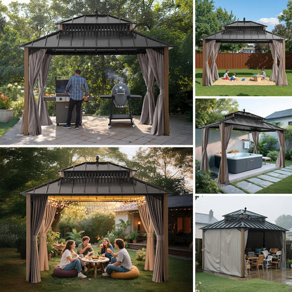 12 ft x 10 ft Hardtop Gazebo with Steel Roof, Woodgrain Aluminum Frame