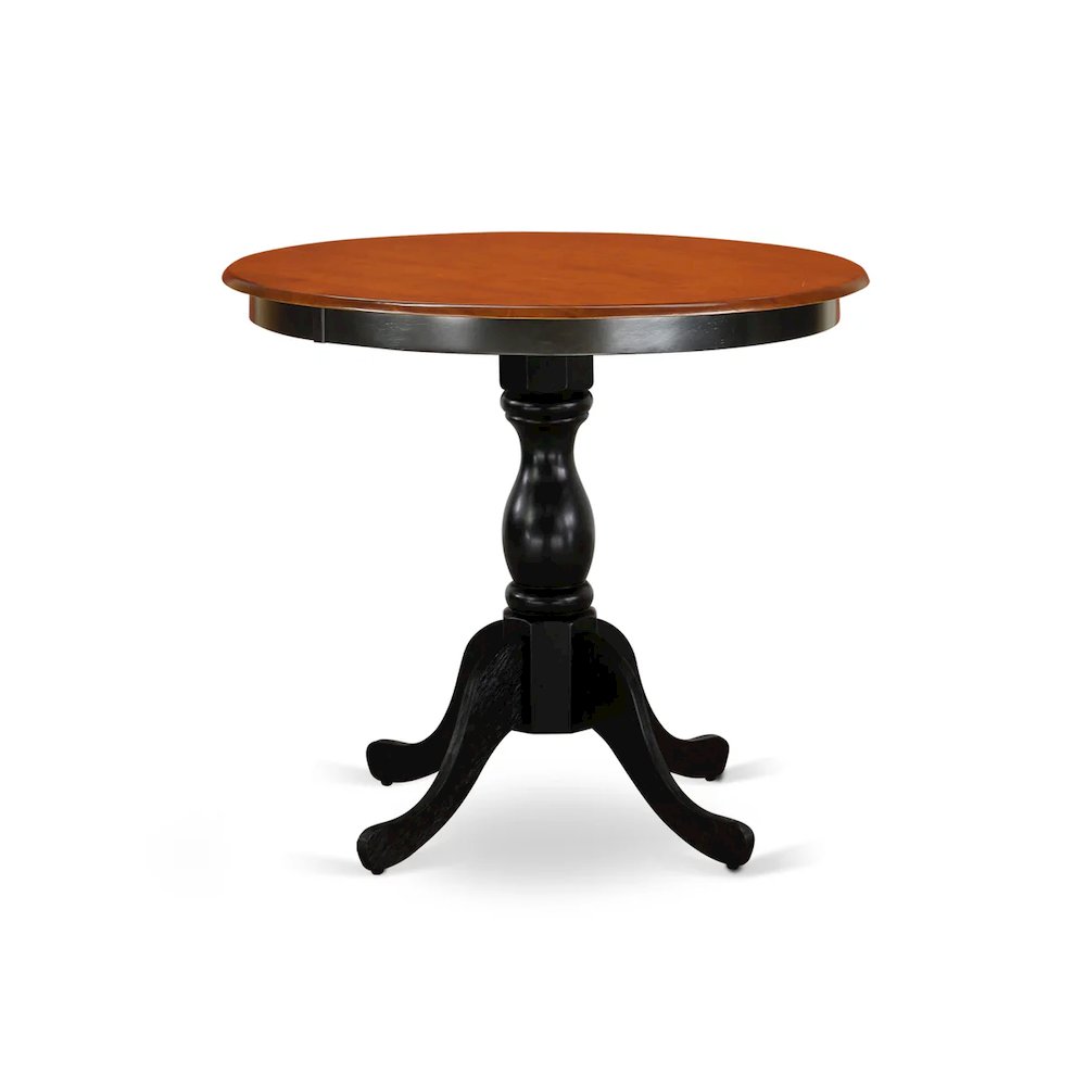 3 Pc Dining Room Table Set, Round Dining Table with Pedestal, 2 Linen Fabric Upholstered Chairs, Black & Cherry