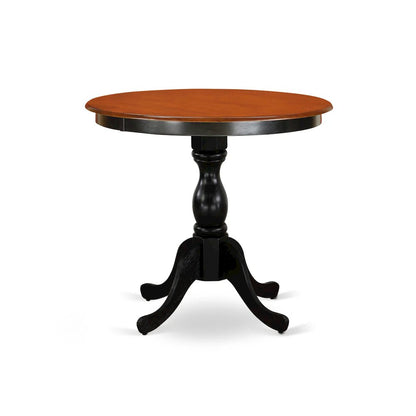 3 Pc Dining Room Table Set, Round Dining Table with Pedestal, 2 Linen Fabric Upholstered Chairs, Black & Cherry
