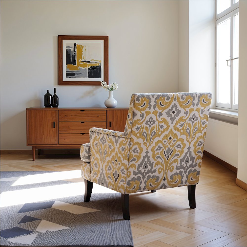 Yellow Gray Accent Chair with Select Hardwoods Frame and Birch Wood Legs