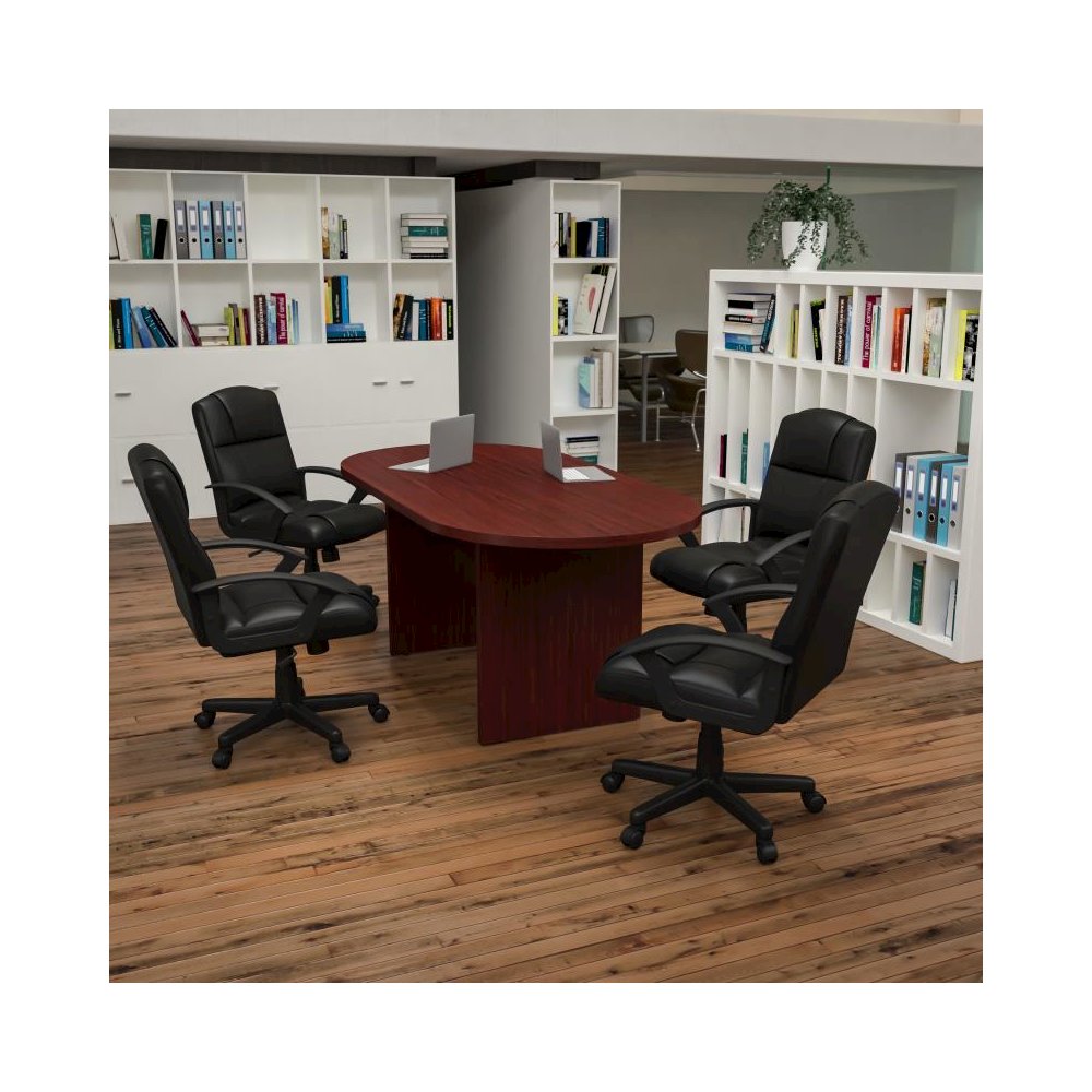 5 Piece Mahogany Oval Conference Table Set with 4 Black LeatherSoft-Padded Task Chairs