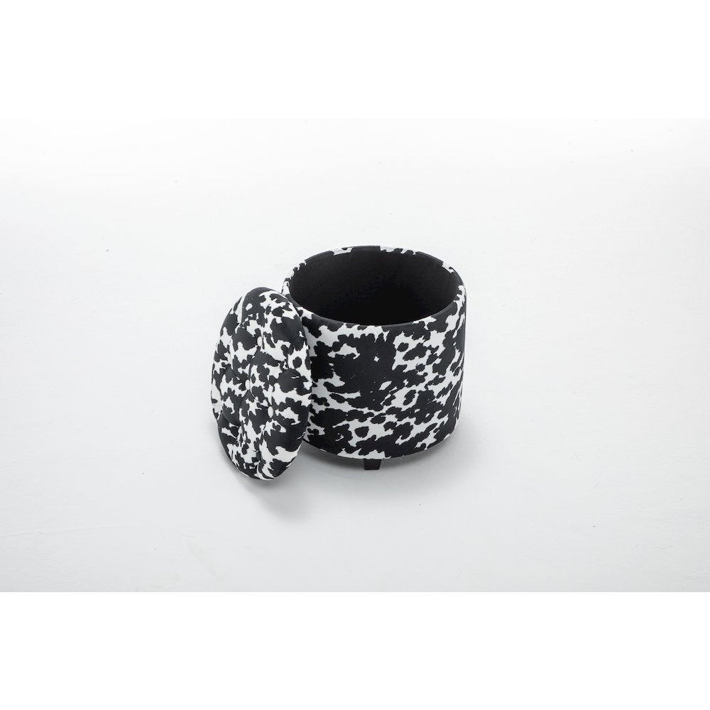 Round Black and White Sorage Cow Print Storage Ottoman Stool