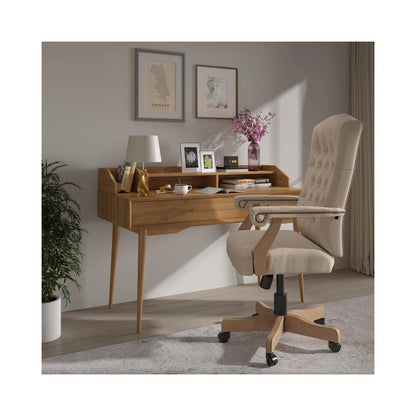 Ivory Microfiber Classic Executive Swivel Office Chair with Driftwood Arms and Base