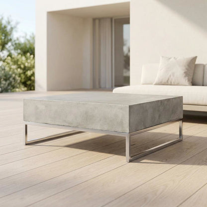 Modern outdoor concrete coffee table with acrylic finish and stainless hardware