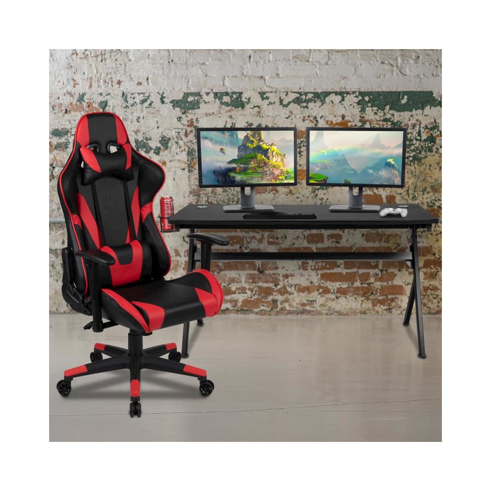 Gaming Desk and Red/Black Reclining Gaming Chair Set /Cup Holder/Headphone Hook/Removable Mouse Pad Top - Wire Management