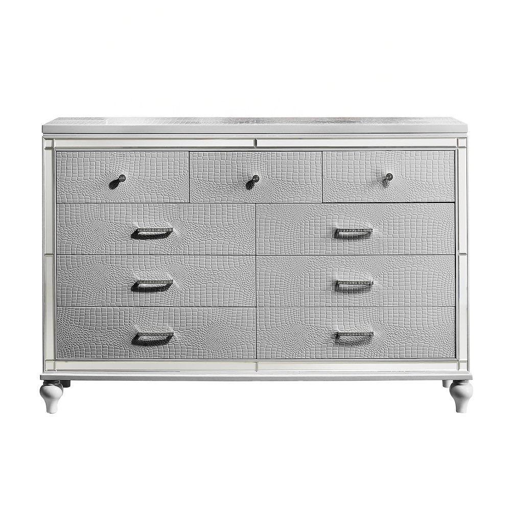 Furniture Valentine Solid Wood Dresser with 9 Drawers in Silver