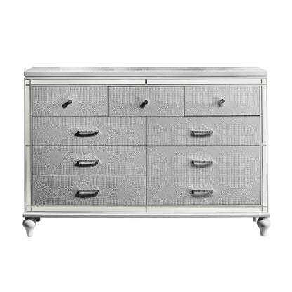 Furniture Valentine Solid Wood Dresser with 9 Drawers in Silver