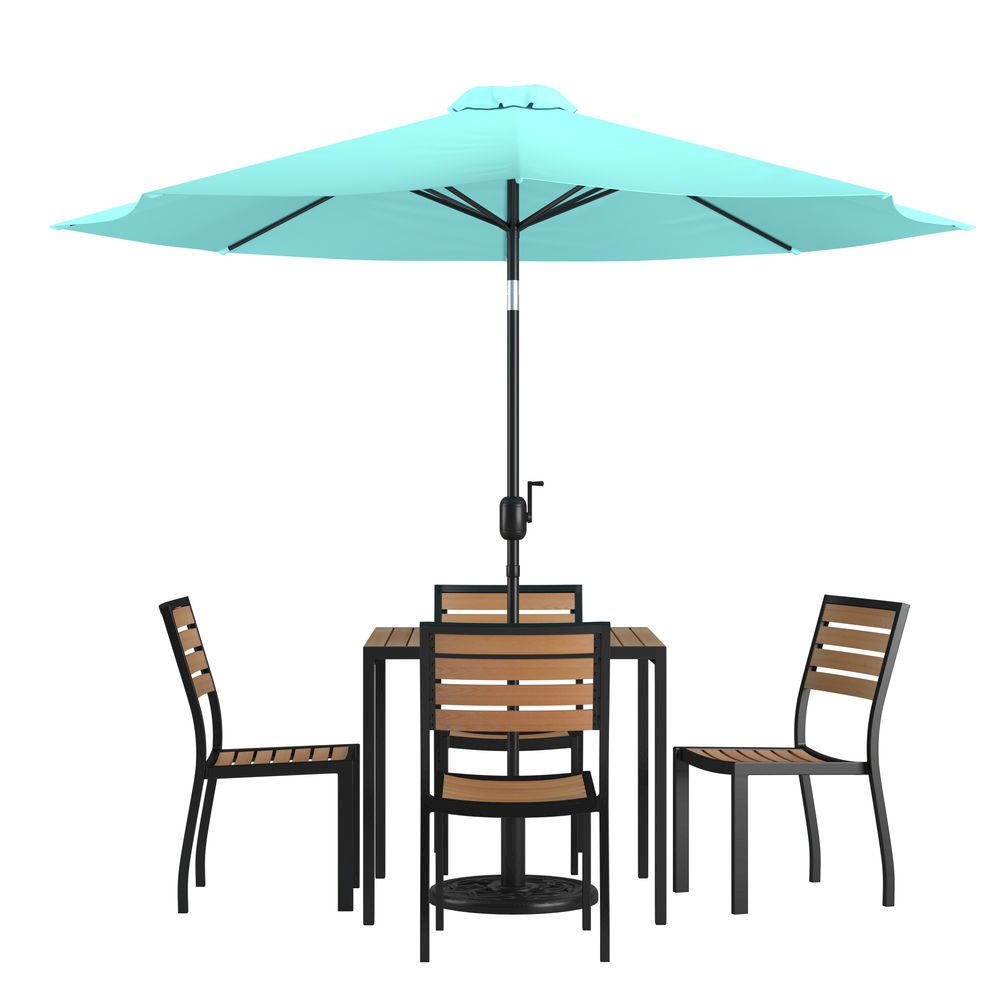7 Piece All-Weather Deck or Patio Set with 4 Stacking Faux Teak Chairs, 35" Square Faux Teak Table, Teal Umbrella & Base