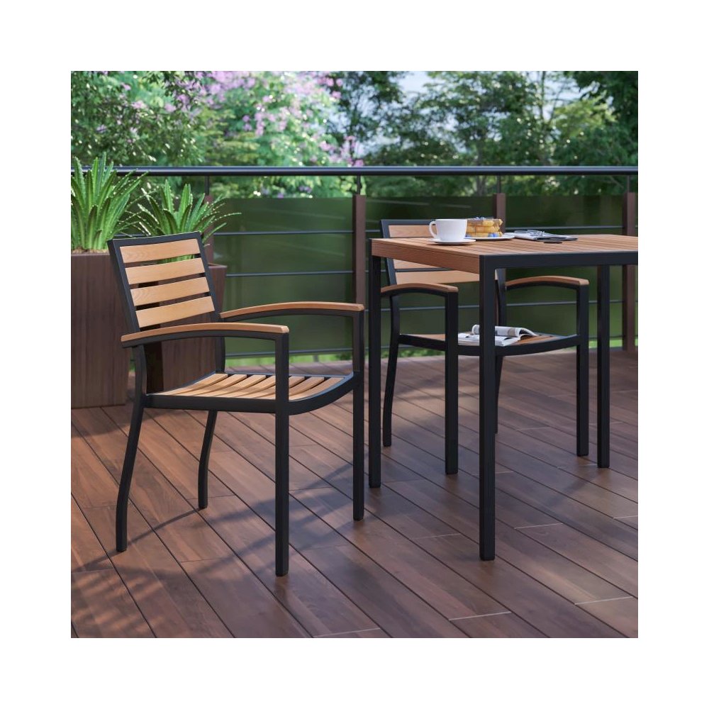 Black Aluminum Patio Chair with Synthetic Teak Slats - Set of 2