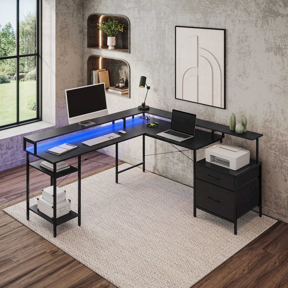 Convertible Straight/L-Shaped Desk, LED Lights & Fabric Drawers, 3 Power Outlets