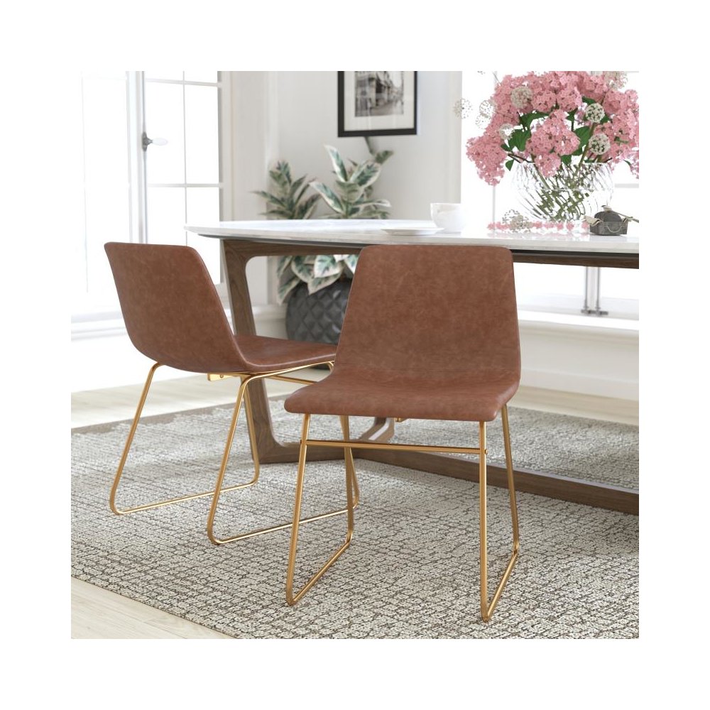 18 inch Dining Table Height Chair, Mid-Back Sled Base Dining Chair in Light Brown LeatherSoft with Gold Frame, Set of 2