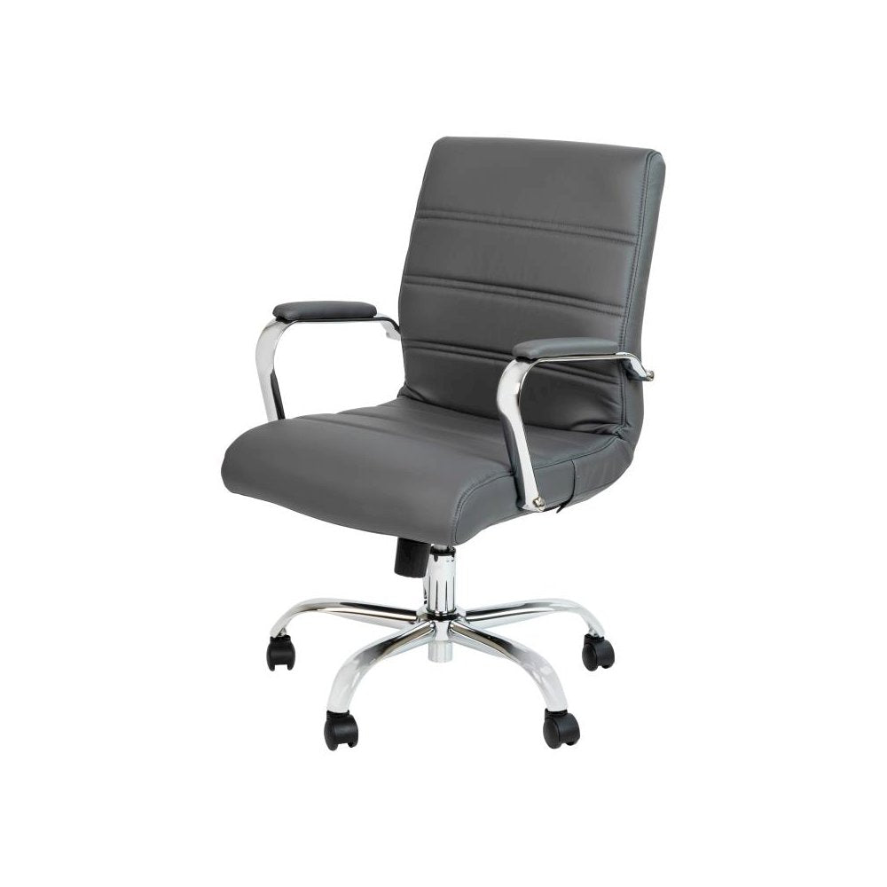 Mid-Back Gray LeatherSoft Executive Swivel Office Chair with Chrome Frame and Arms