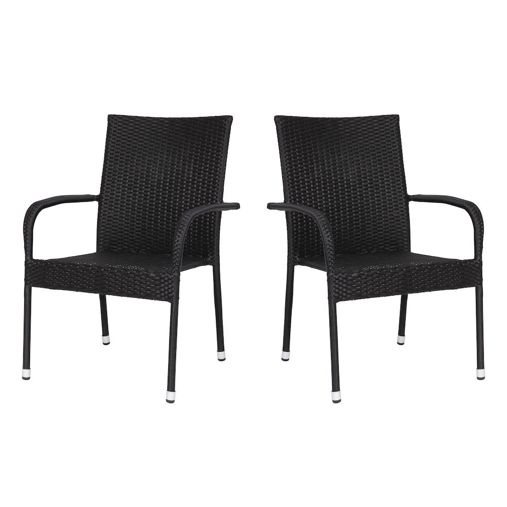 Maxim Set of 2 Stackable Indoor/Outdoor Wicker Dining Chairs with Arms - Fade & Weather-Resistant Steel Frames - Black