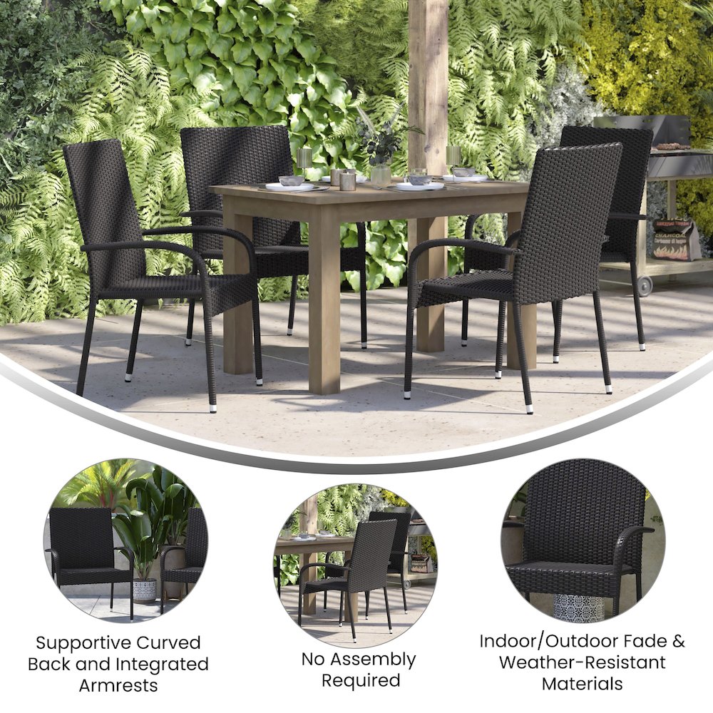 Maxim Set of 2 Stackable Indoor/Outdoor Wicker Dining Chairs with Arms - Fade & Weather-Resistant Steel Frames - Black