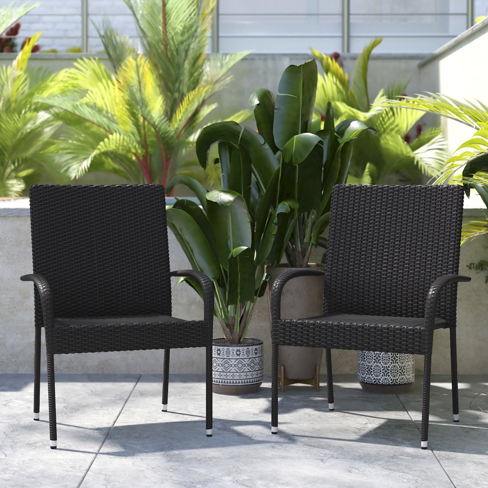 Maxim Set of 2 Stackable Indoor/Outdoor Wicker Dining Chairs with Arms - Fade & Weather-Resistant Steel Frames - Black