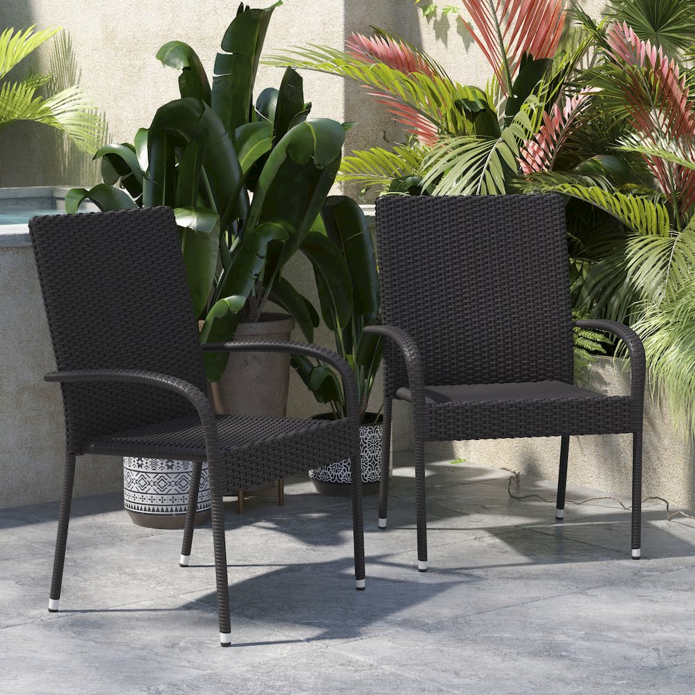 Maxim Set of 2 Stackable Indoor/Outdoor Wicker Dining Chairs with Arms - Fade & Weather-Resistant Steel Frames - Black