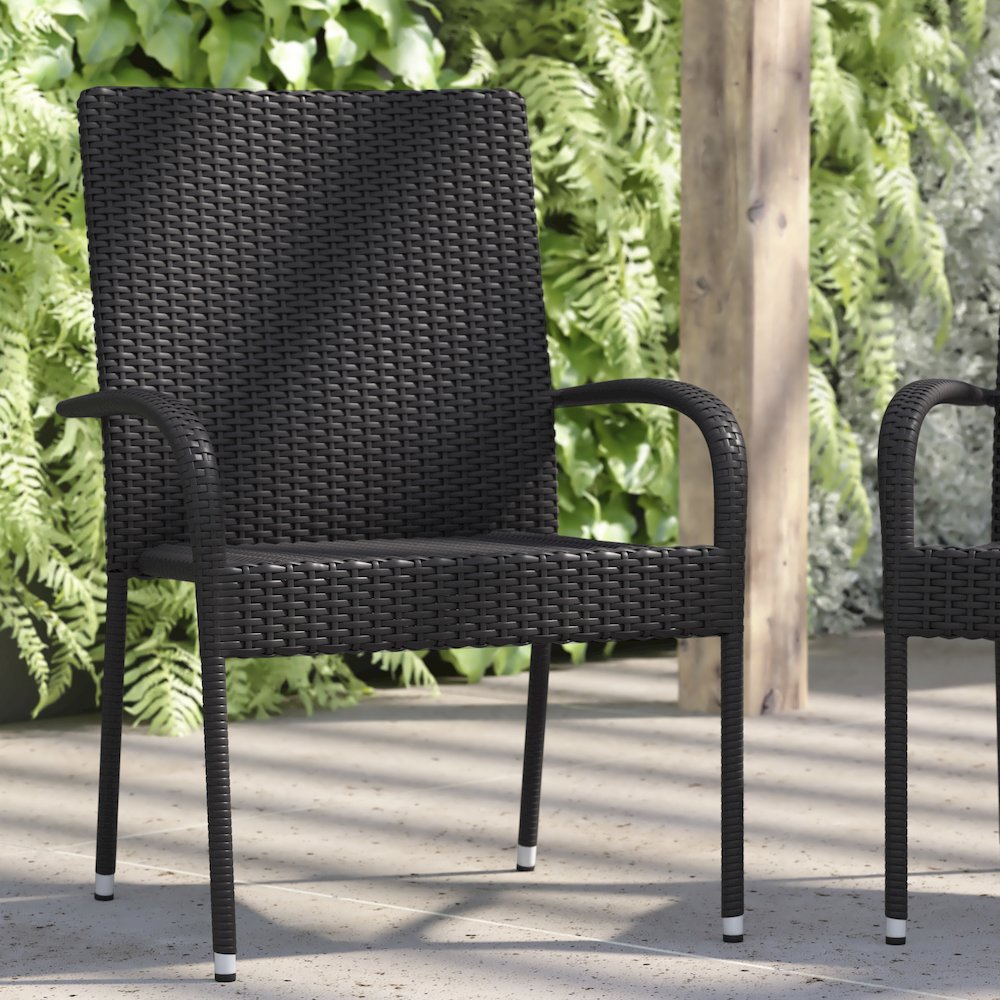 Maxim Set of 2 Stackable Indoor/Outdoor Wicker Dining Chairs with Arms - Fade & Weather-Resistant Steel Frames - Black