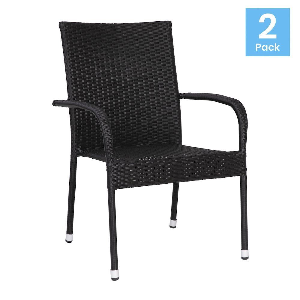 Maxim Set of 2 Stackable Indoor/Outdoor Wicker Dining Chairs with Arms - Fade & Weather-Resistant Steel Frames - Black