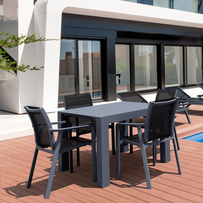 Pacific 5 Piece Dining set with Extension Table and Sling Arm Chairs Dark Gray Frame Black Sling