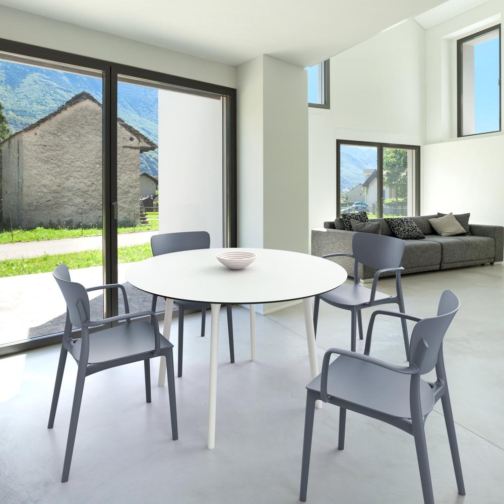 Lisa Round Dining Set with 47 inch White Table and Dark Gray Armcairs