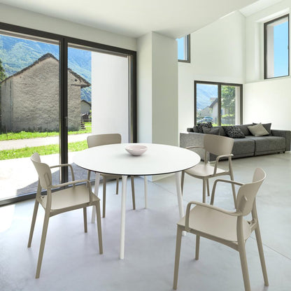 Lisa Round Dining Set with 47 inch White Table and Taupe Armcairs