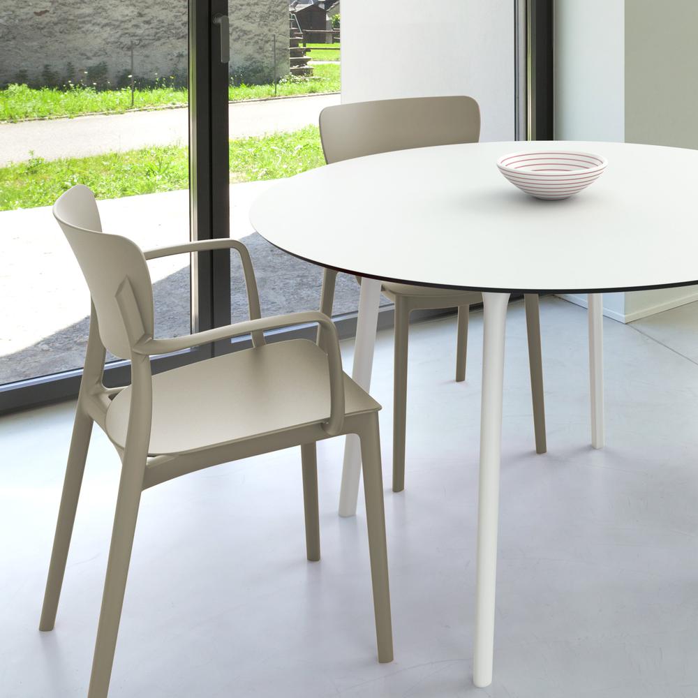 Lisa Round Dining Set with 47 inch White Table and Taupe Armcairs