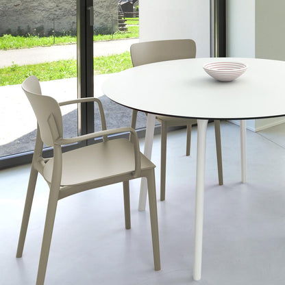 Lisa Round Dining Set with 47 inch White Table and Taupe Armcairs