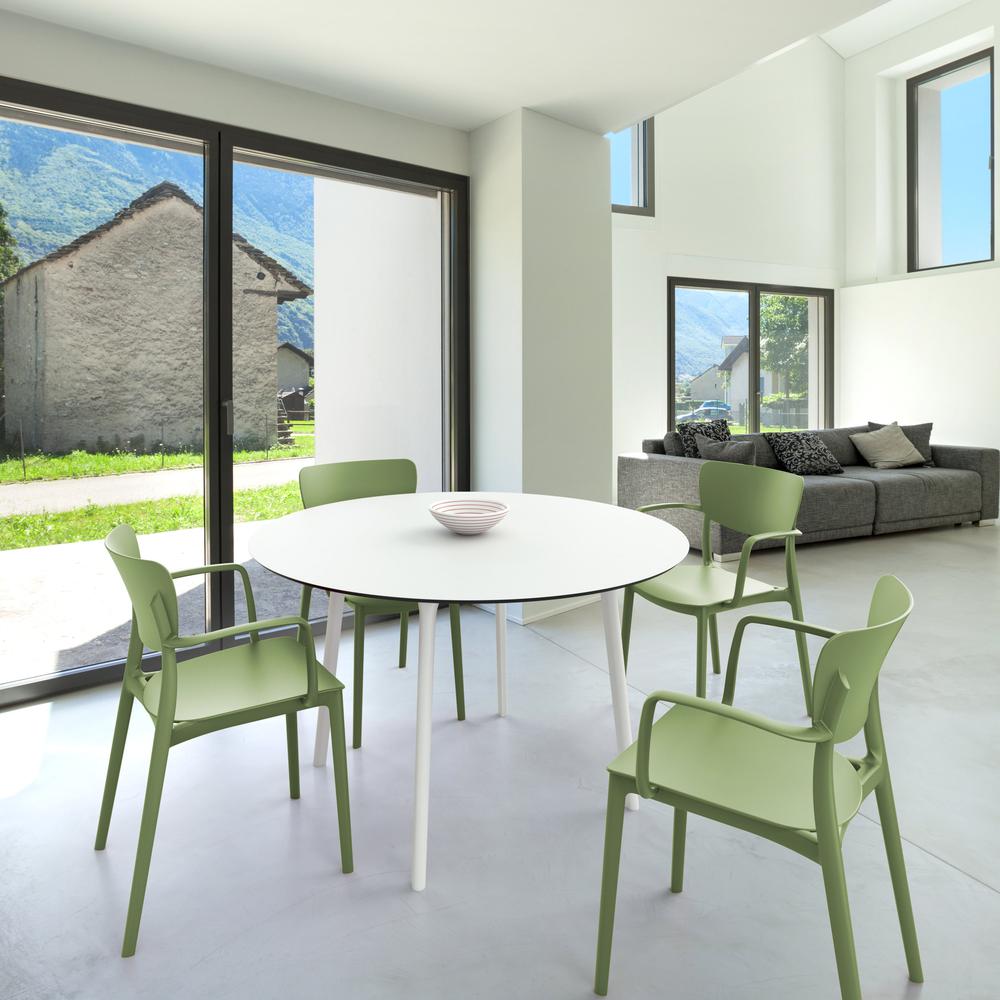 Lisa Round Dining Set with 47 inch White Table and Olive Green Armcairs