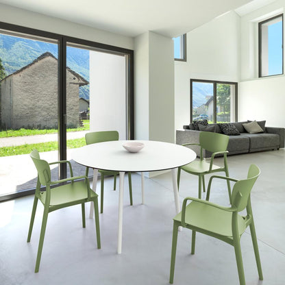 Lisa Round Dining Set with 47 inch White Table and Olive Green Armcairs
