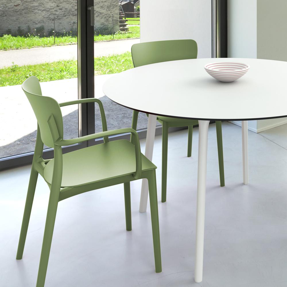 Lisa Round Dining Set with 47 inch White Table and Olive Green Armcairs