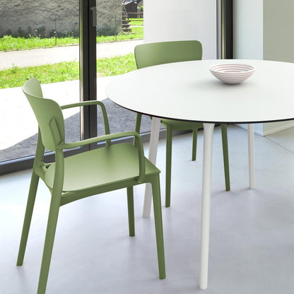 Lisa Round Dining Set with 47 inch White Table and Olive Green Armcairs