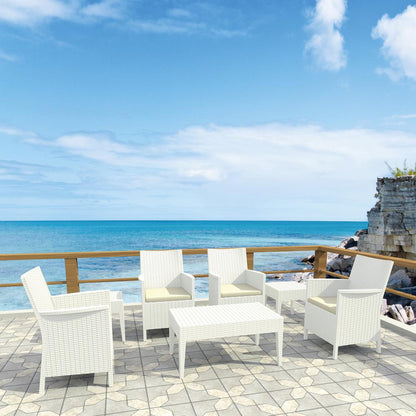 California Wickerlook Casual Seating set 7 Piece White with Sunbrella Natural Cushion