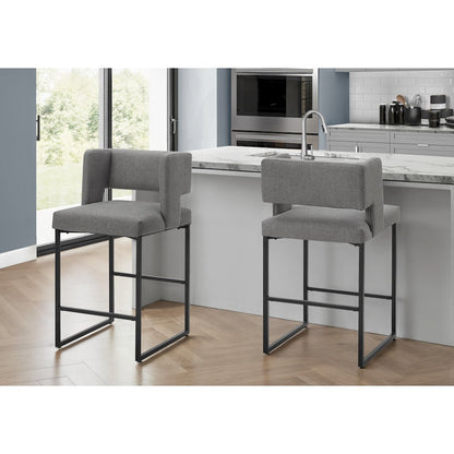 Barstool, Counter Height, Set Of 2, Grey Fabric, Black Metal