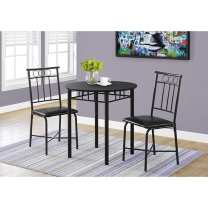Dining Table Set, 3pcs Set, Small, 30 Round, Kitchen, Black Metal And Laminate