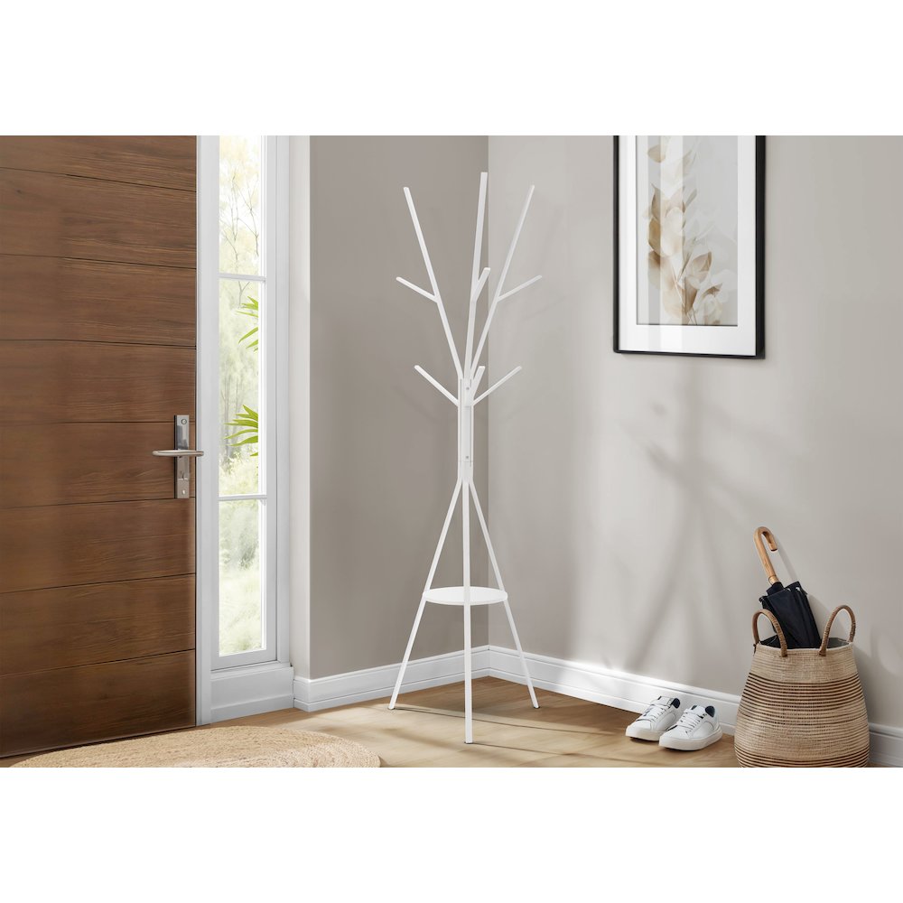 Coat Rack, 72H, Free Standing, Hall Tree, 6 Hooks, White Metal, Contemporary