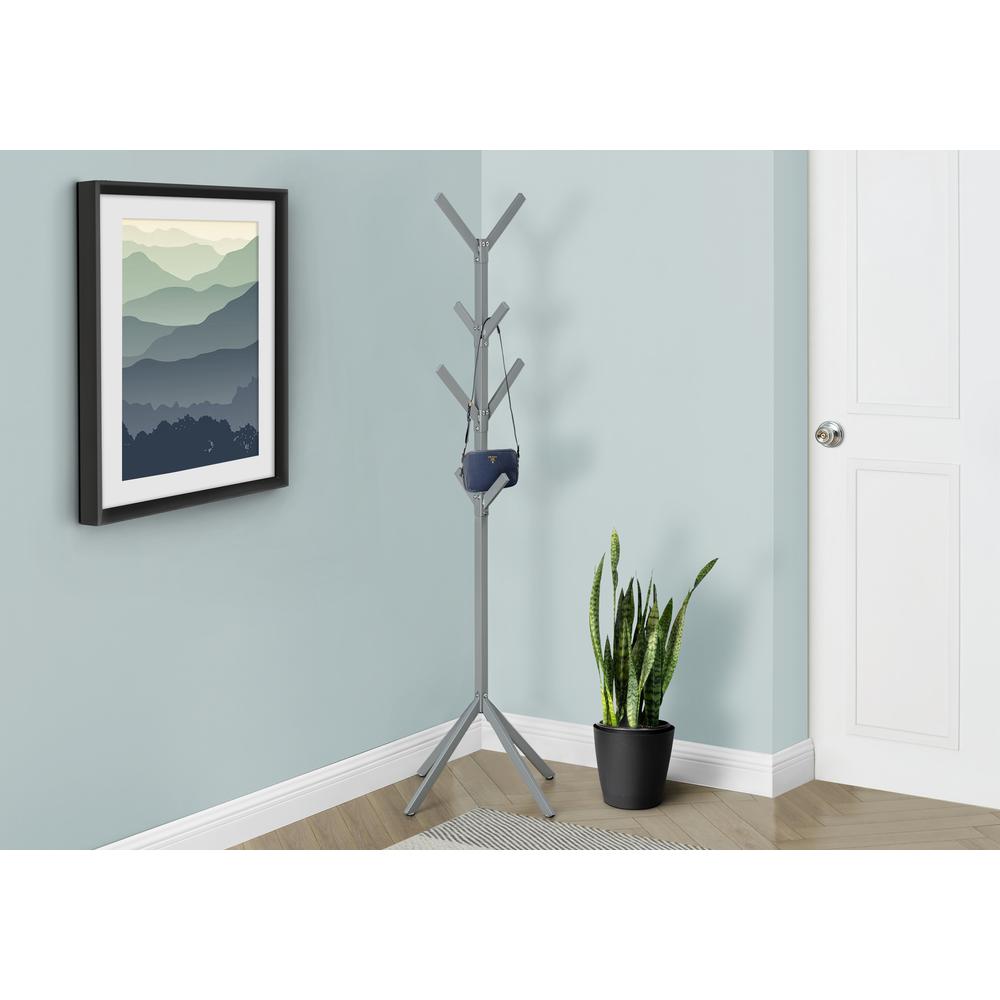 Coat Rack, Hall Tree, Free Standing, 8 Hooks, Entryway, 70H, Bedroom, Grey
